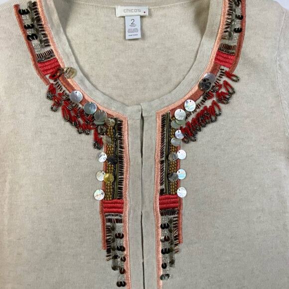 Chico's Linen Blend Beaded Embellished Lightweight Cardigan Women L/12 Beige - Picture 6 of 8